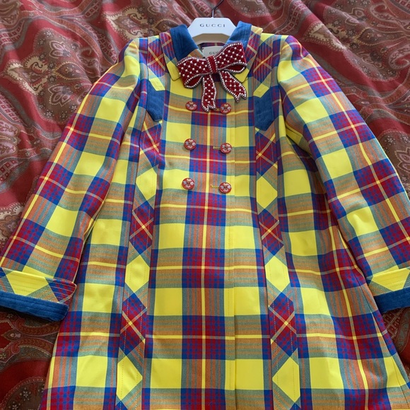 { Gucci } Checkered Plaid Acid Yellow Peacoat Girl - Picture 3 of 8